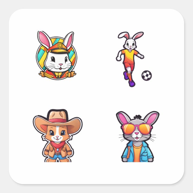 Funny Rabbit Doodle Art Style 4 Pack Stickers (Front)