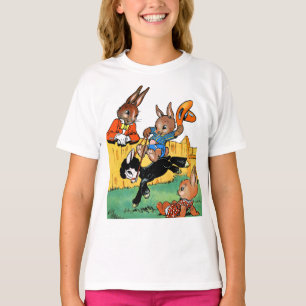 Funny Rabbit Riding A Black Dog Cartoon T-Shirt