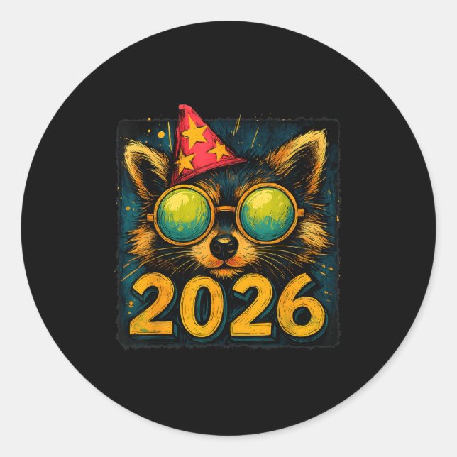 Funny Raccoon 2026 New Year Party Animal Celebrati Classic Round Sticker (Front)
