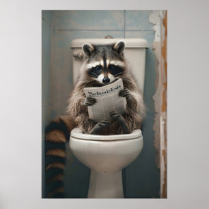Funny Raccoon Bathroom Print, Toilet Newspaper Art Poster