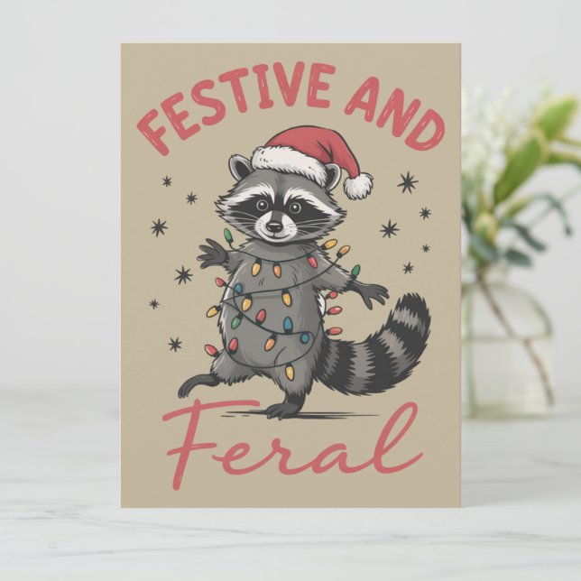 Funny Raccoon Christmas Feral Meme Xmas  Holiday Card (Standing Front)