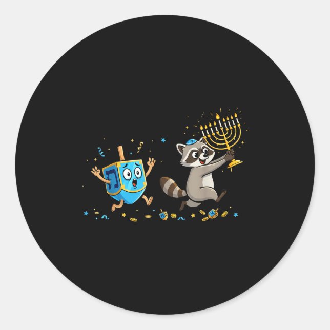 Funny Raccoon Dreidel Menorah Hanukkah Kids Womens Classic Round Sticker (Front)