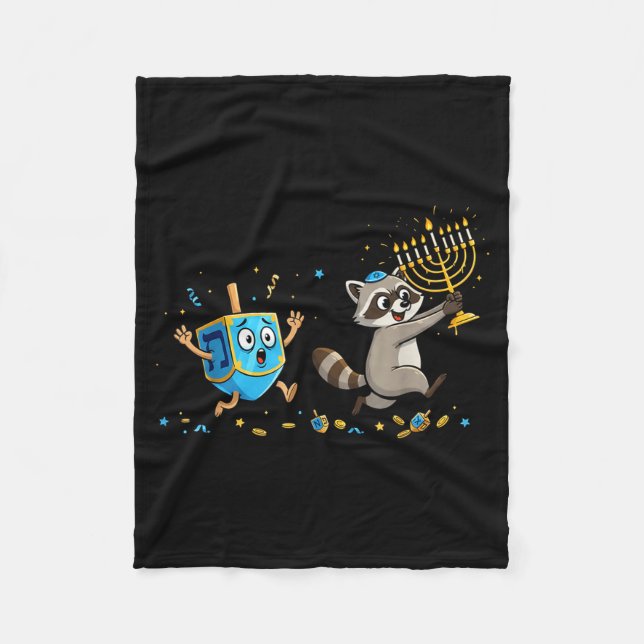 Funny Raccoon Dreidel Menorah Hanukkah Kids Womens Fleece Blanket (Front)