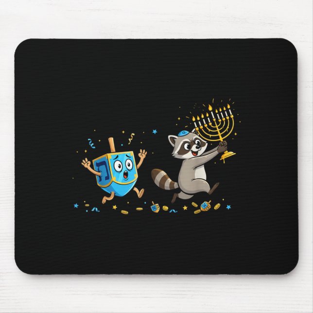Funny Raccoon Dreidel Menorah Hanukkah Kids Womens Mouse Mat (Front)