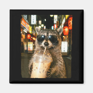Funny raccoon drinking ice coffee men women meme  magnet