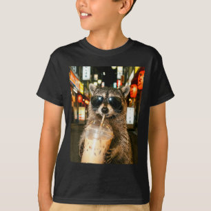 Funny raccoon drinking ice coffee men women meme T-Shirt