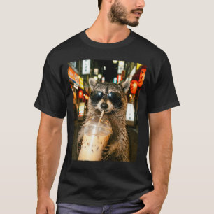 Funny raccoon drinking ice coffee men women meme T-Shirt