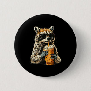 Funny raccoon drinking iced coffee animal meme men 6 cm round badge