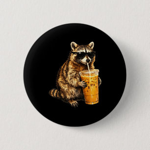 Funny raccoon drinking iced coffee animal meme men 6 cm round badge