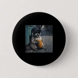 Funny raccoon drinking iced coffee animal meme men 6 cm round badge