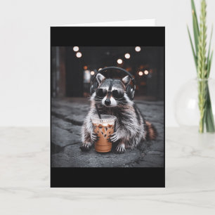 Funny Raccoon Drinking Iced Coffee Animal Meme Men Card