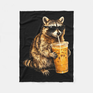 Funny raccoon drinking iced coffee animal meme men fleece blanket