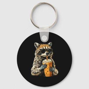 Funny raccoon drinking iced coffee animal meme men key ring