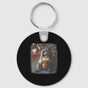 Funny raccoon drinking iced coffee animal meme men key ring