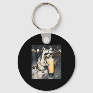 Funny Raccoon Drinking Iced Coffee Animal Meme Men Key Ring