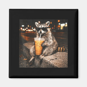Funny raccoon drinking iced coffee animal meme men magnet