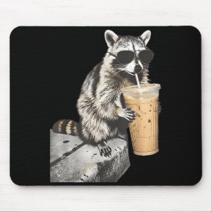 Funny raccoon drinking iced coffee animal meme men mouse mat