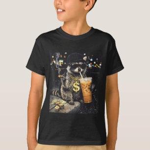 Funny raccoon drinking iced coffee animal meme men T-Shirt