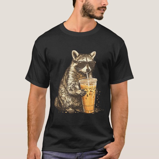 Funny raccoon drinking iced coffee animal meme men T-Shirt (Front)