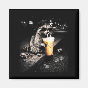 Funny Raccoon Drinking Iced Coffee Artwork Magnet