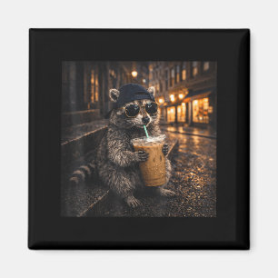 Funny raccoon drinking iced coffee cool animal mem magnet
