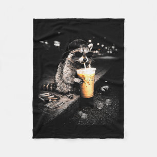 Funny Raccoon Drinking Iced Coffee Design Fleece Blanket