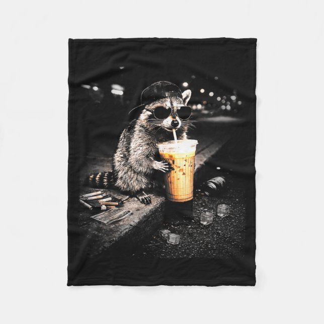 Funny Raccoon Drinking Iced Coffee Design Fleece Blanket (Front)