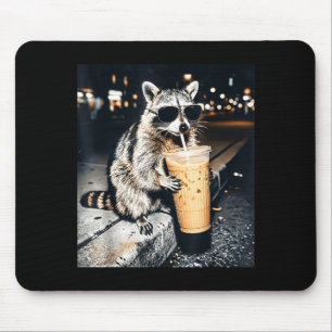 Funny raccoon drinking iced coffee mouse mat