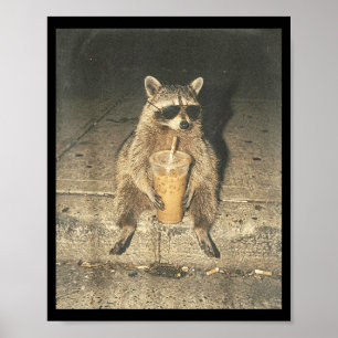 Funny raccoon drinking iced coffee unhinged meme poster