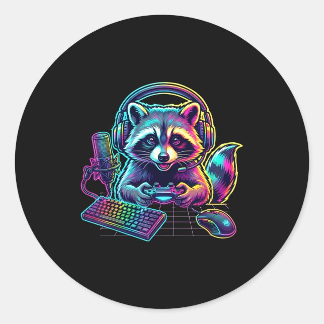 Funny Raccoon Gamer Video Game Gaming Lover  Classic Round Sticker (Front)