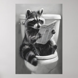 Funny Raccoon Newspaper Toilet Print, Quirky Poster
