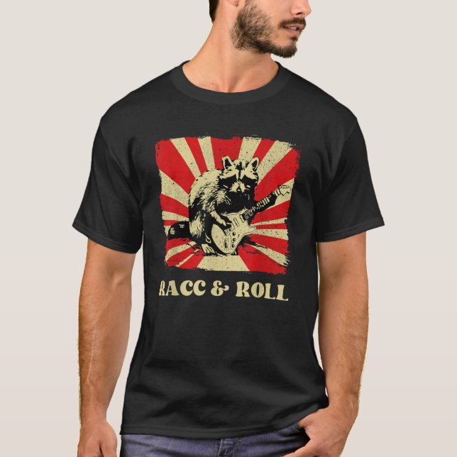 Funny Raccoon Playing Banjo Guitar Racc and Roll C T-Shirt (Front)