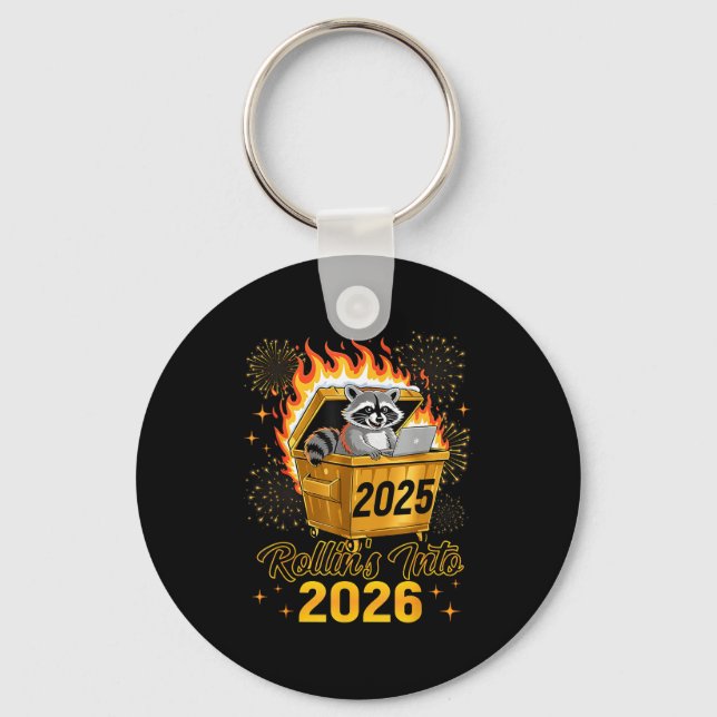 Funny Raccoon Rollin's Into 2026 New Year Matching Key Ring (Front)