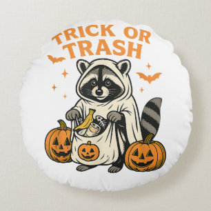 Funny Raccoon Trick or Trash Halloween Round Cushion