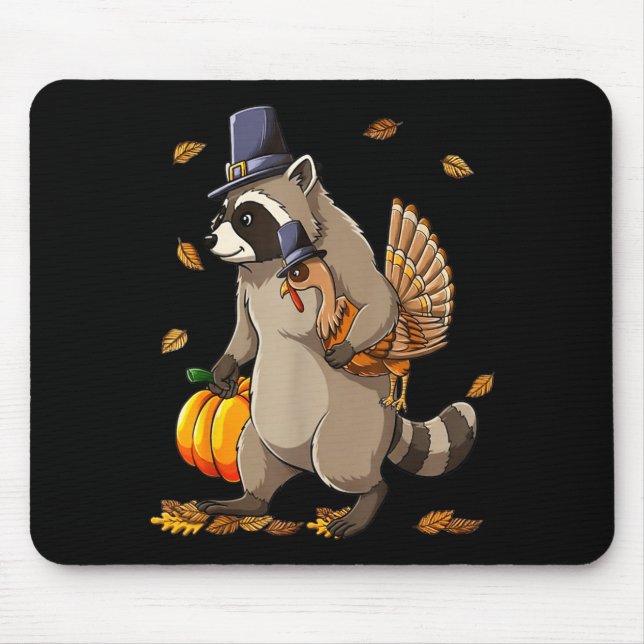 Funny Raccoon Turkey Pumpkin Thanksgiving Gift Men Mouse Mat (Front)