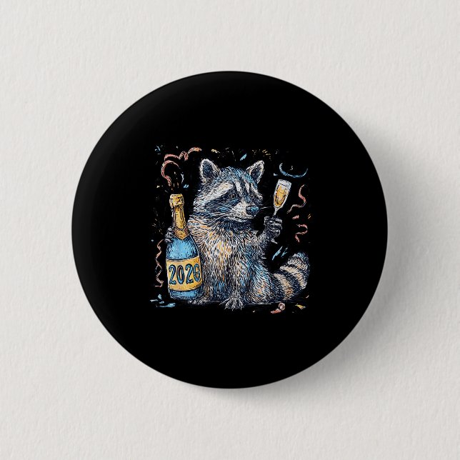 Funny Raccoon With Champagne Disco Ball New Years  6 Cm Round Badge (Front)