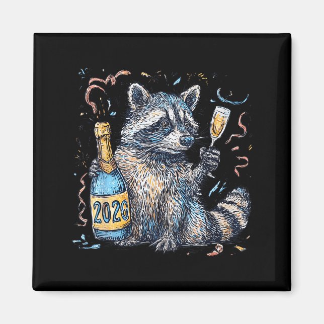 Funny Raccoon With Champagne Disco Ball New Years  Magnet (Front)