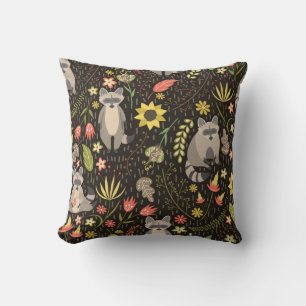 Funny Raccoons Vintage Illustration Pattern Cushion