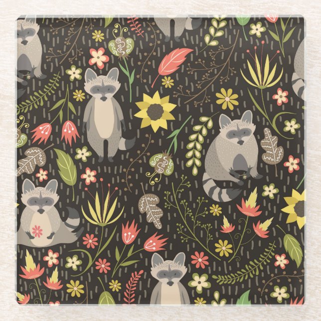 Funny Raccoons Vintage Illustration Pattern Glass Coaster (Front)