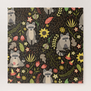 Funny Raccoons Vintage Illustration Pattern Jigsaw Puzzle