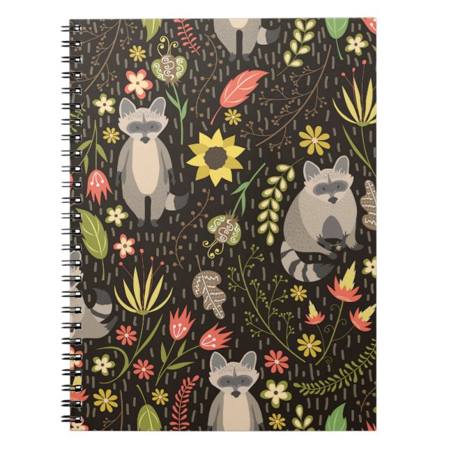 Funny Raccoons Vintage Illustration Pattern Notebook (Front)