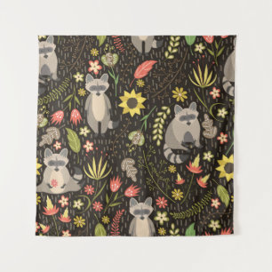Funny Raccoons Vintage Illustration Pattern Tapestry