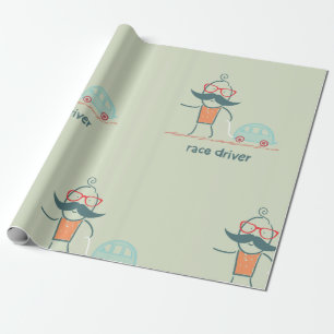 Funny Race Driver Moustache Character Wrapping Paper