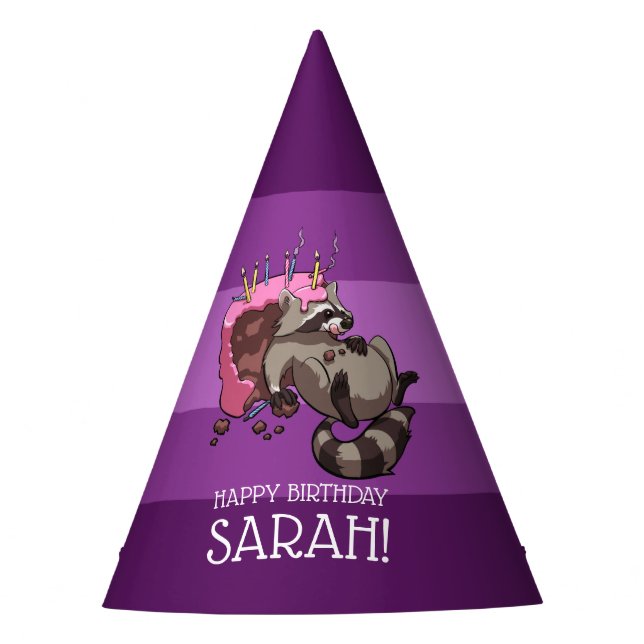 Funny Racoon Add Your Name Happy Birthday Cartoon Party Hat (Front)