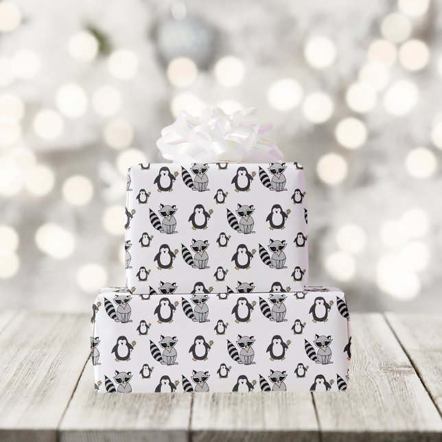 Funny Racoon and Penguin Pattern Wrapping Paper (Creator Uploaded)