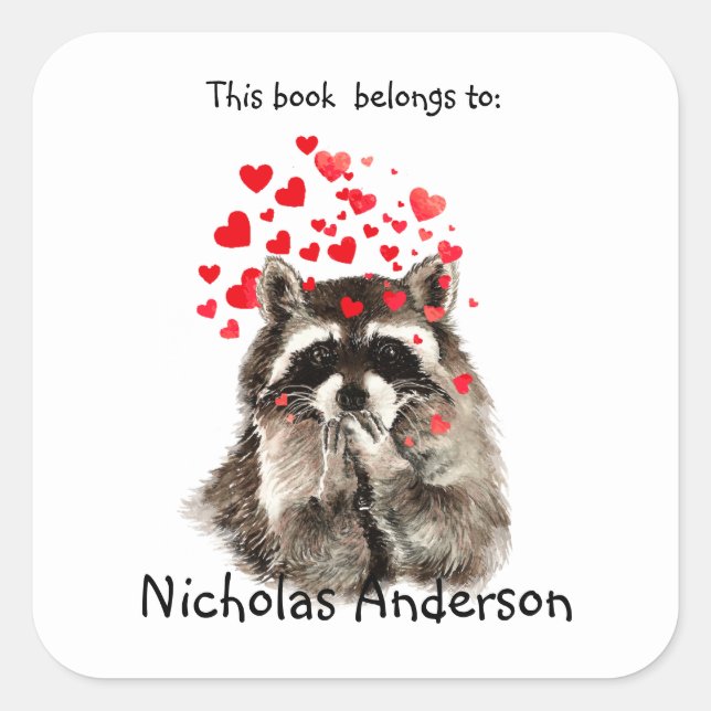 Funny Racoon Animal blowing kisses Bookplate art Square Sticker (Front)