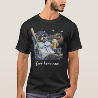 Funny Racoon Beer Baseball Field I Live Here Now T-Shirt