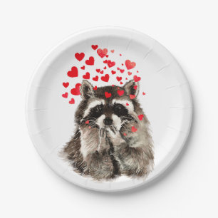 Funny Racoon Blowing Kisses Love Hearts Paper Plate