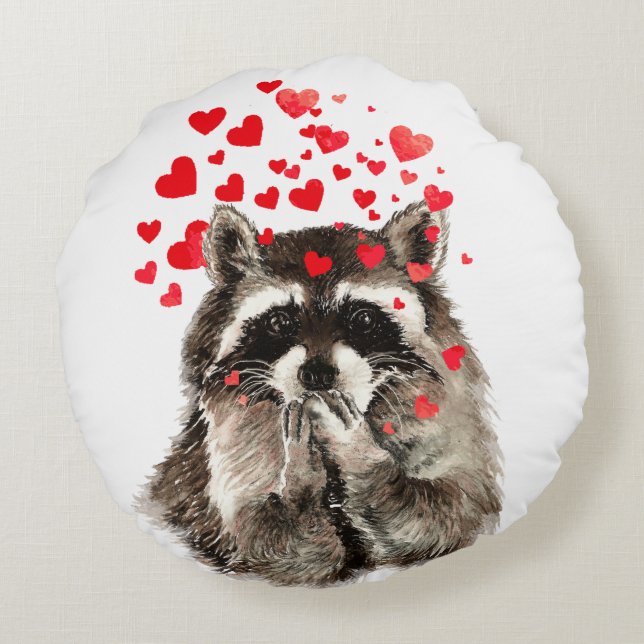 Funny Racoon Blowing kisses & Love Hearts Round Cushion (Back)