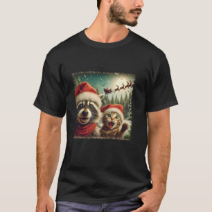 Funny Racoon Cat Selfie With Santa s Sleigh Weird T-Shirt